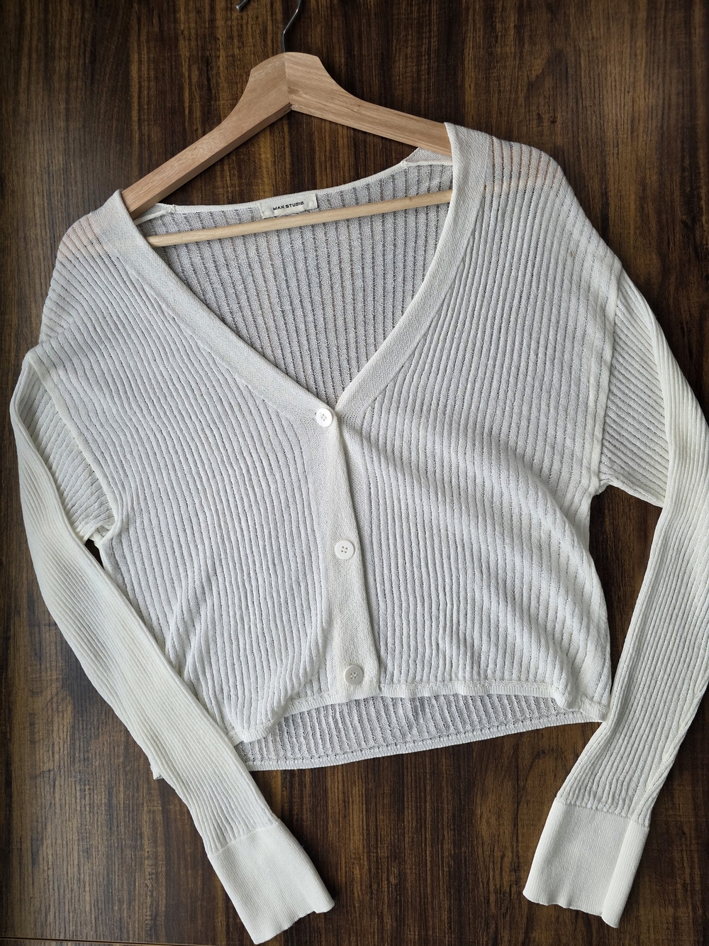 Max Studio Cream V-Neck Ribbed Button-Front Sweater - Picture 8 of 11